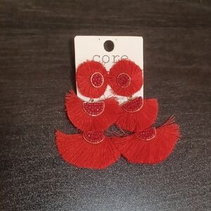 Vibrant Red Tassel Earrings Set